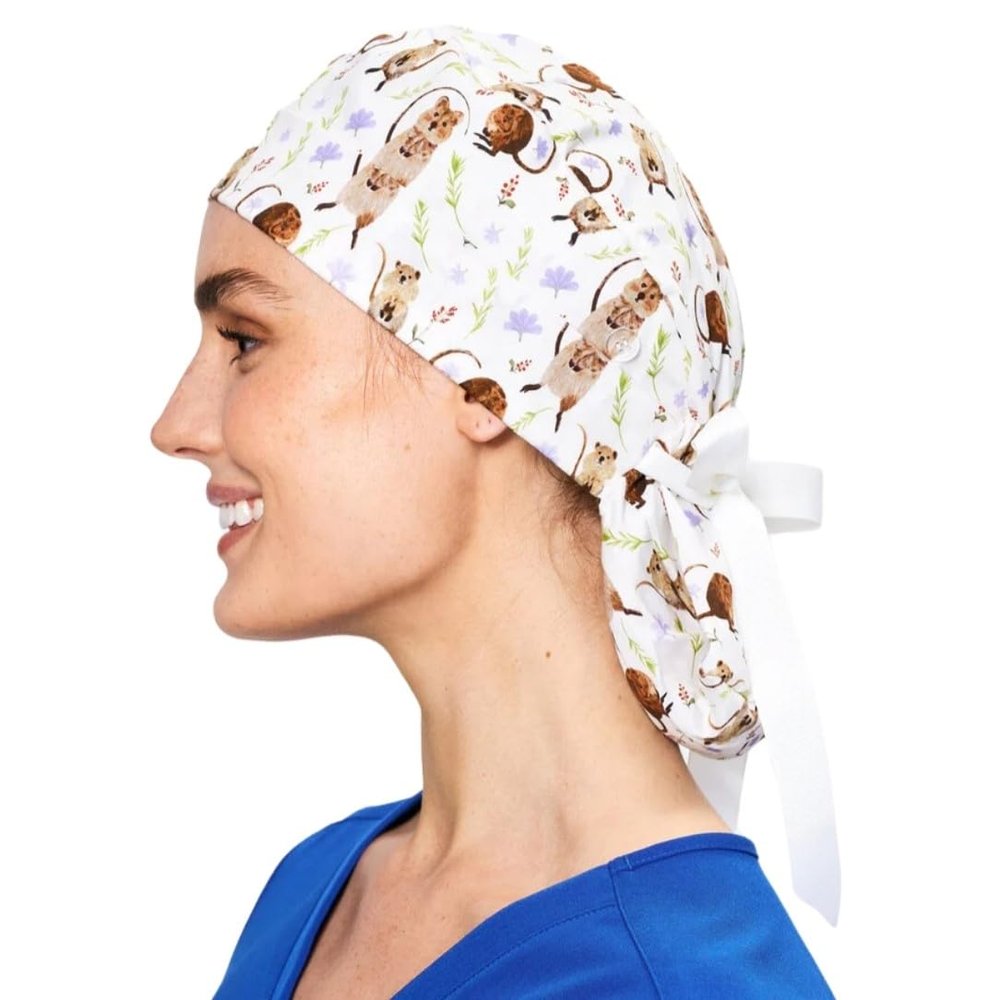 Scrub Caps for Women & Men - Tie Back & Ponytail Hat - Washable & Breathable Material - Surgical Cap for Nurse, Doctor, Vet (US, Alpha, One Size, Ponytail, Quokkas)