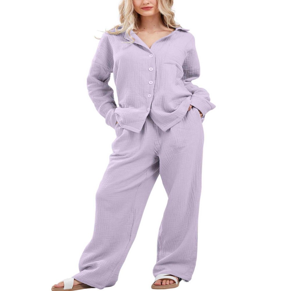 codcm Womens Pajama Sets Cotton Pj Set Cute Heart Print Long Sleeve Button Shirt With Pants(Purple,Small)