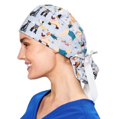 Scrub Caps for Women & Men - Tie Back & Ponytail Hat - Washable & Breathable Material - Surgical Cap for Nurse, Doctor, Vet (US, Alpha, One Size, Ponytail, Hipster Dogs)