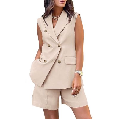 Binmer Women's Casual Sleeveless Blazer Vest Shorts Sets Double Breasted V Neck Office 2 Piece Lounge Matching Outfits Sets Khaki