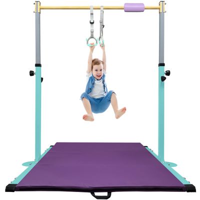 JOYSFIT Adjustable Gymnastics Bar for Kids with Mat - Sturdy Kip Bar with Rings, Horizontal Bar for Home Training, 3'-5' Height, Ages 3-15, 250 LBS Capacity, Easy Assembly.