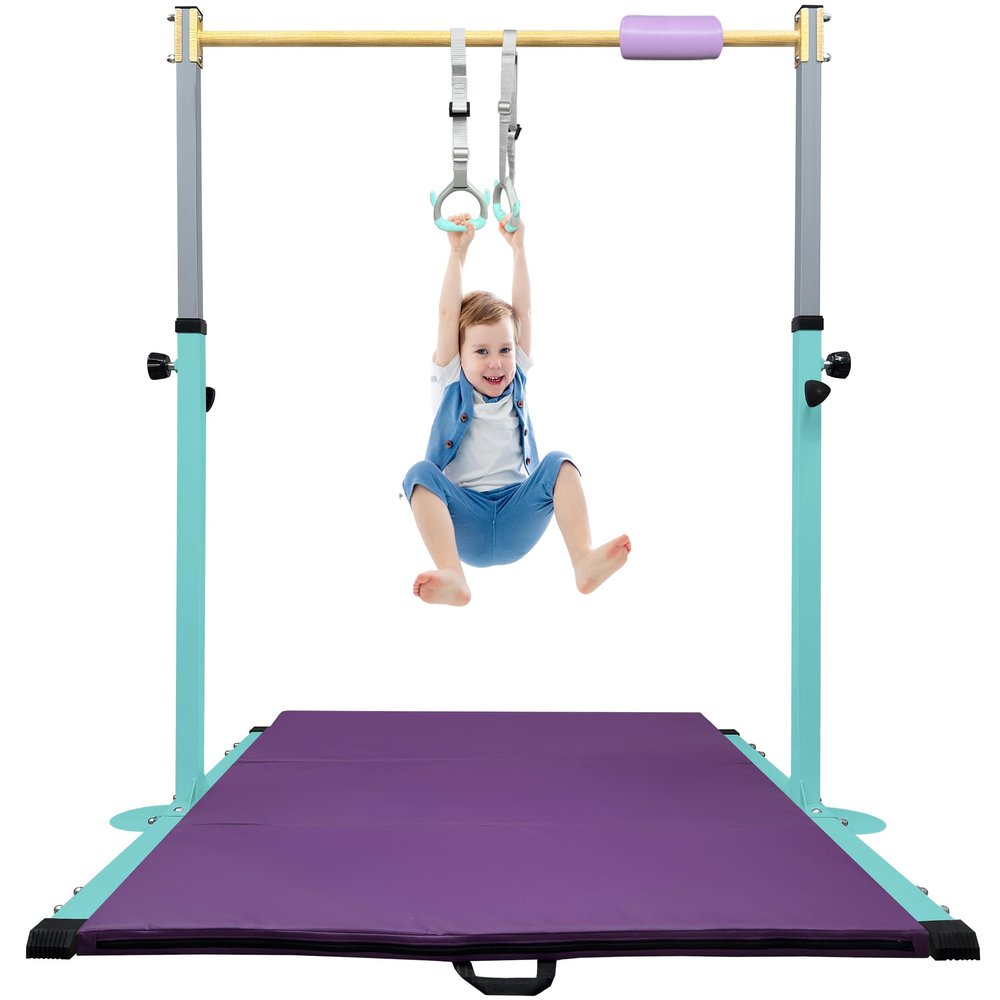 JOYSFIT Adjustable Gymnastics Bar for Kids with Mat - Sturdy Kip Bar with Rings, Horizontal Bar for Home Training, 3'-5' Height, Ages 3-15, 250 LBS Capacity, Easy Assembly.