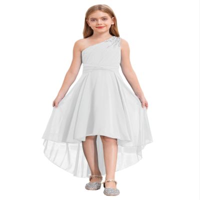YONGHS Kids Girls One Shoulder Formal Dress Ruched Chiffon High Low Hem Wedding Party Flower Girl Dress Ivory 14 Years