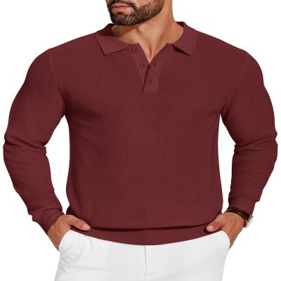 COOFANDY Mens Knit Polo Shirts Long Sleeve Sweater Casual Polo Shirts Lightweight Collared T Shirts, Wine Red, Small