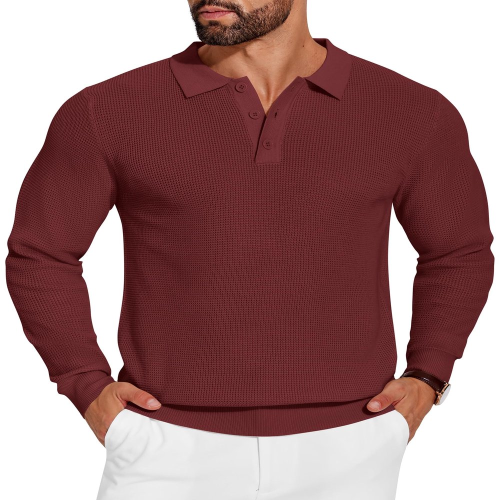 COOFANDY Mens Knit Polo Shirts Long Sleeve Sweater Casual Polo Shirts Lightweight Collared T Shirts, Wine Red, Small