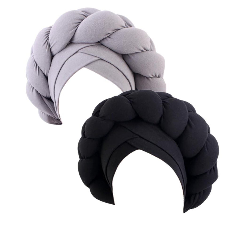 African Big Braid Cross Turban Hat for Women Muslim Nigerian Bonnet Headscarf Twist Head Wraps Chemo Cap Black Grey