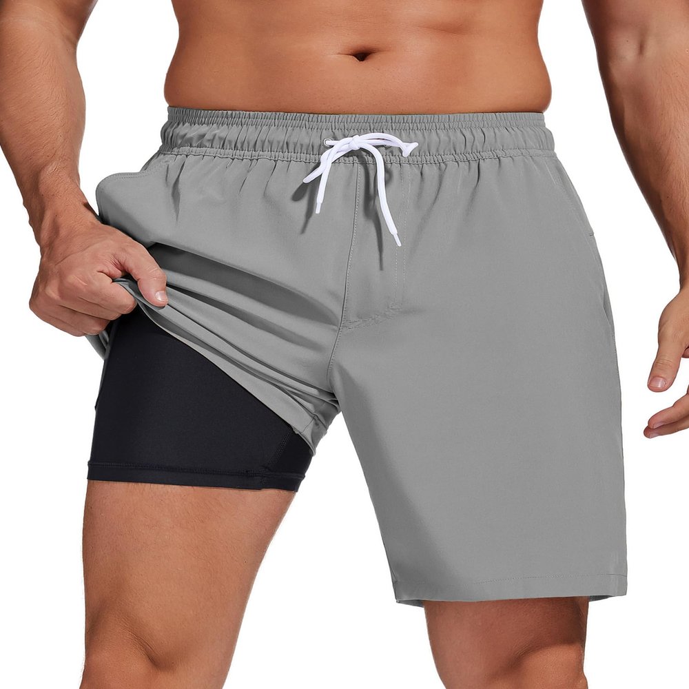 difficort Mens Swim Trunks Quick Dry Bathing Suit 9 inch Inseam Board Shorts with Compression Liner and Zipper Pocket,Light Grey,Large