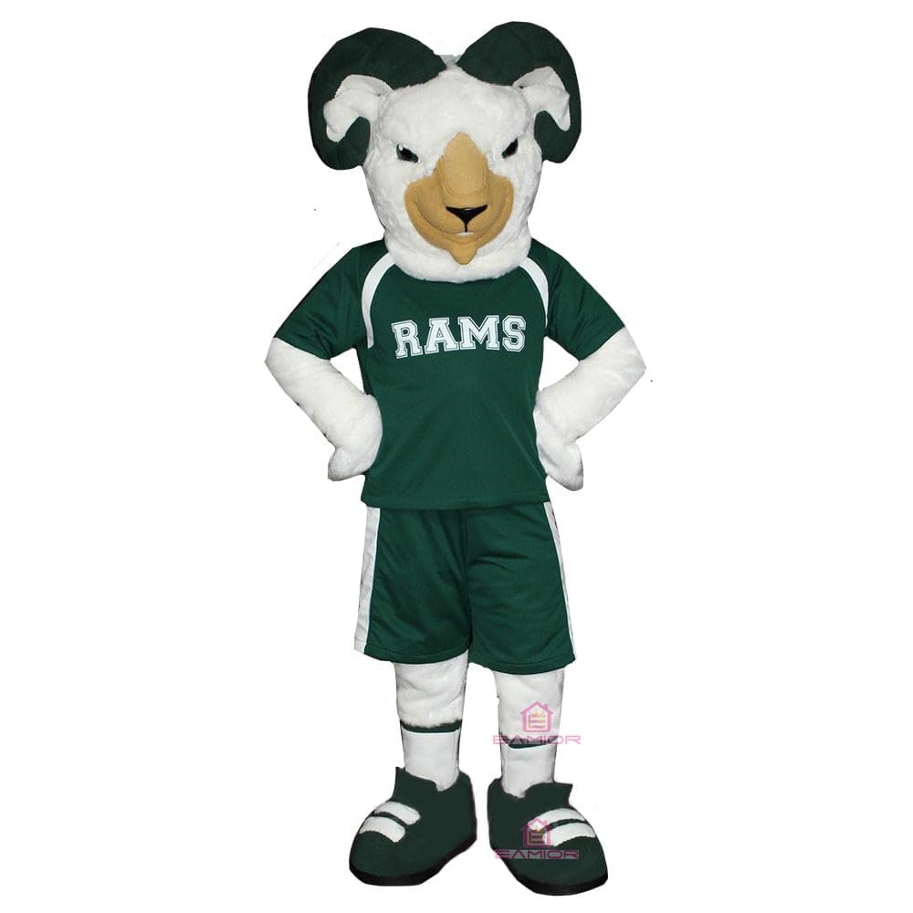 Ram Mascot Costume in Green Suit Adult Size for Men & Women with Built-in Fan Inside the Head