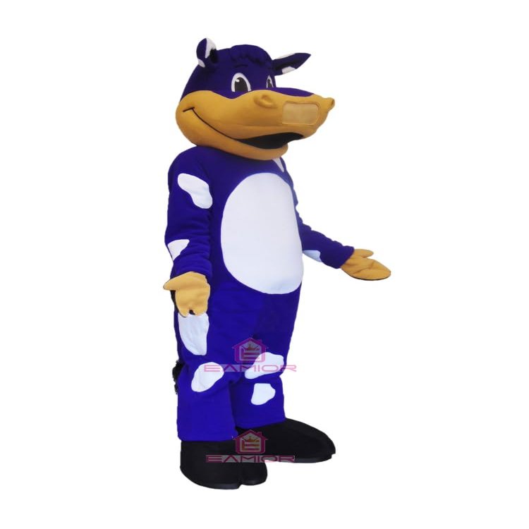 Blueish Violet Cow Mascot Costume with White Belly Adult Size for Men & Women with Built-in Fan Inside the Head