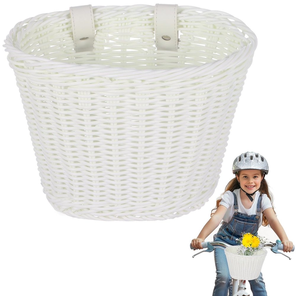 Kids Bike Basket with Adjustable PU Belts, Wicker Bike Baskets Handmade Woven Rattan Bike Basket Front Handle Children Bike Basket for Children Bicycle Accessories (White)