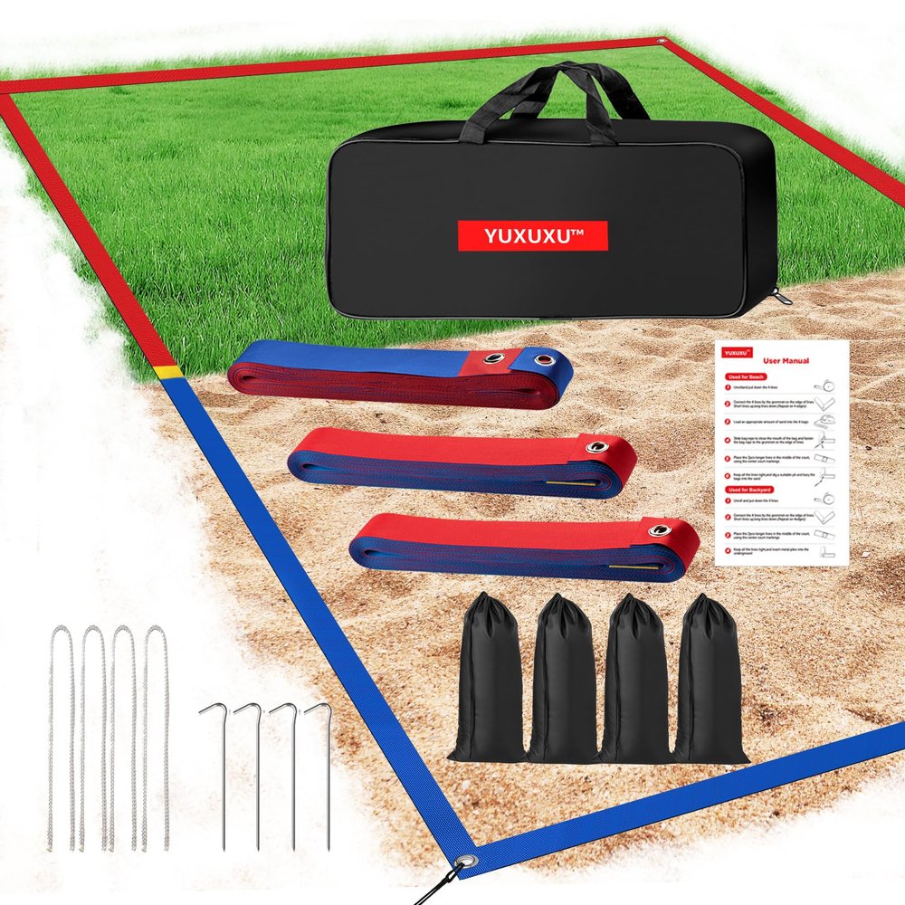 YUXUXU Professional Beach Volleyball Lines for Sand-2inch [Doubles 2V2, Short Court 26.3' X 52.6'], Highly Visible, All-Weather, with Stainless Anchors & Sand Bags - Red and Blue