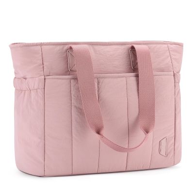 VASCHY Puffer Tote Bag for Women, Lightweight Quilted Tote Purse with Laptop Compartments Zipper for Work/Teacher/Travel/Gym Pink