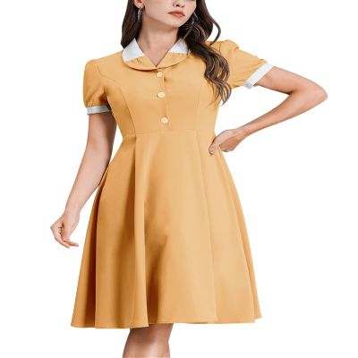 1950s Dresses for Women 50s Dress Retro Dress Short Puff Sleeve V Neck Swing Dress Cocktail Dress 50s Style Dresses for Women Vintage Evening Party Prom Gown A Line Midi Summer Tea Dress Yellow L