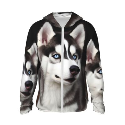 HJBNW Cute Husky Dog Sun Protection Hoodie Jacket Full Zip Upf 50+ Long Sleeve Sun Shirt With Pocket Outdoor, Large, Black