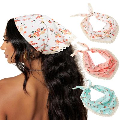 AWAYTR 3Pcs Hair Bandanas Head Kerchief for Women Girls Tie-Back Boho Hair Scarf Headband Bandana Triangle Head Scarf (Brown/Green/Pink)