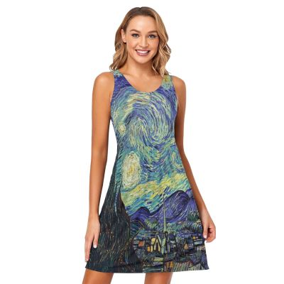 ALAZA Artwork Starry Night Women Summer Dresses Casual Sleeveless Sundress with Pockets Tank Dress L