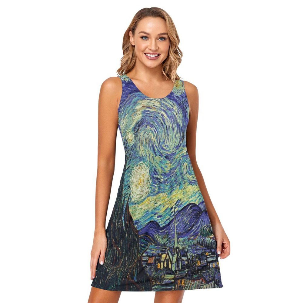 ALAZA Artwork Starry Night Women Summer Dresses Casual Sleeveless Sundress with Pockets Tank Dress L
