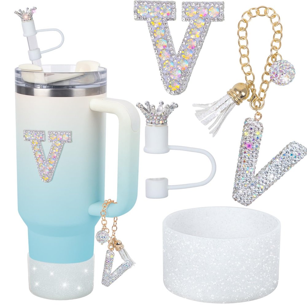 foci cozi Letter Charms for Stanley Cup Handle,Silicone Boot Accessories Charms for Stanley Cup 40oz 30oz,Crown Straw Cover Topper & Diamond Sticker(V)
