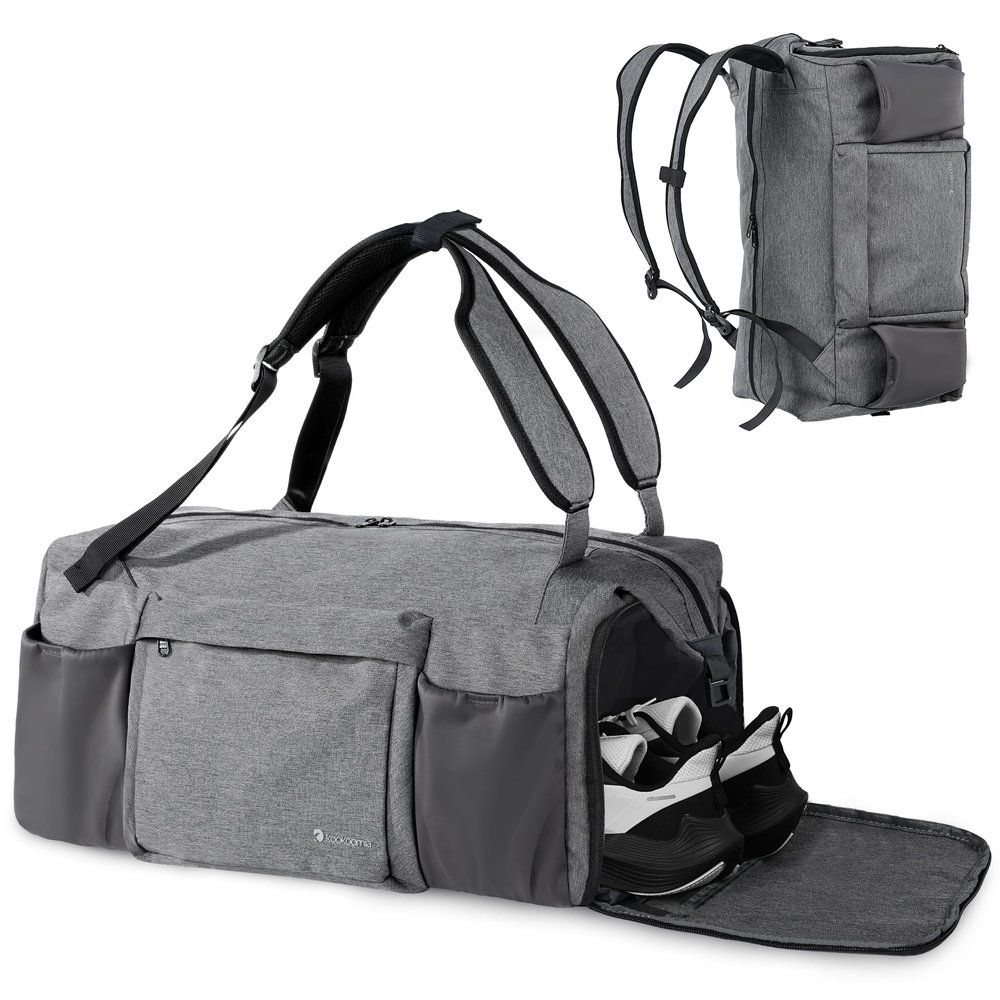 Kookoomia Gym Bag for Men with Shoes Compartment and Wet Pocket Convertible Duffle Bag and Gym Backpack Waterproof Sports Bags for Men with 2 Bottle Holders Multipurpose Weekender Overnight Bag - Grey