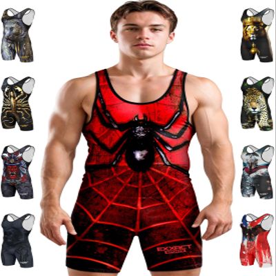 Exxact Sports Sublimated Men's Wrestling Singlet, High-Performance Powerlifting Singlet, Wrestling Singlets for Men (AL, Spider)