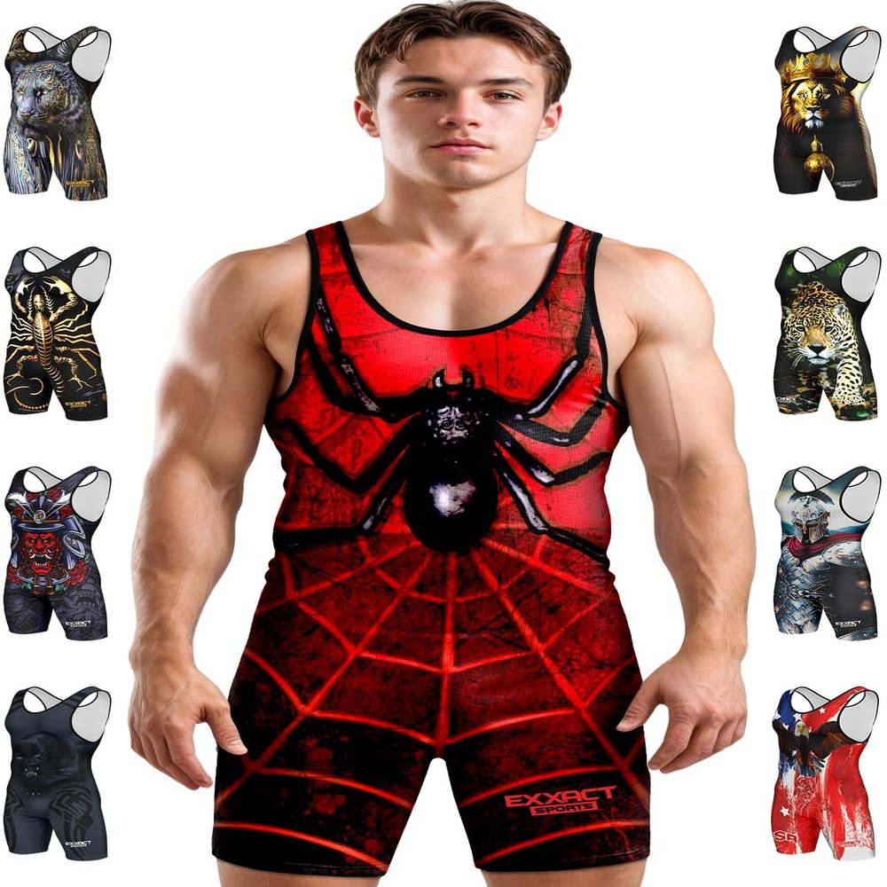 Exxact Sports Sublimated Men's Wrestling Singlet, High-Performance Powerlifting Singlet, Wrestling Singlets for Men (AL, Spider)