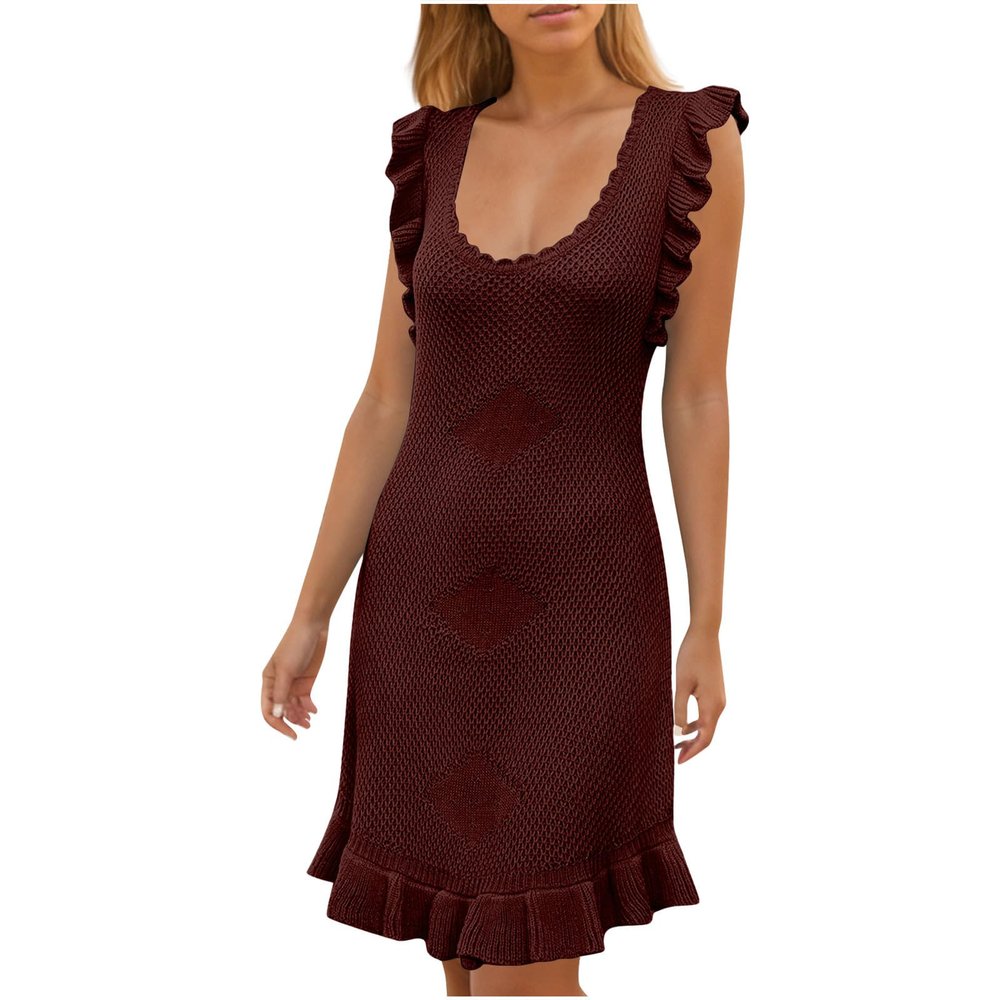 Ruffle Dress for Women Cap Sleeve U Neck Sundress Sexy Ribbed Mini Dress Solid Color Flowy Party Dress for LadiesLargeCoffee