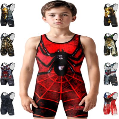 Exxact Sports Sublimated Youth Wrestling Singlet For Boys, Premium Powerlifting Singlet, Kids Wrestling Singlets For Training (YM, Spider)
