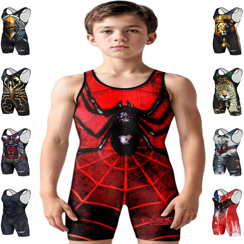 Exxact Sports Sublimated Youth Wrestling Singlet For Boys, Premium Powerlifting Singlet, Kids Wrestling Singlets For Training (YM, Spider)