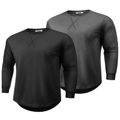 COOFANDY 2 Pack T Shirts for Men Long Sleeve Cotton Hipster Hip Hop Longline Crewneck Tee Shirts for Gym Workout Casual Fall Undershirts