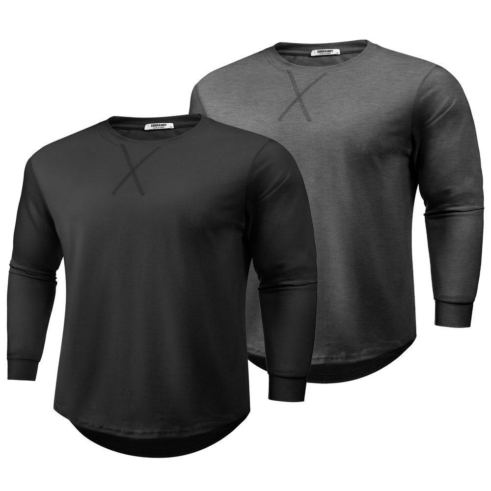 COOFANDY 2 Pack T Shirts for Men Long Sleeve Cotton Hipster Hip Hop Longline Crewneck Tee Shirts for Gym Workout Casual Fall Undershirts