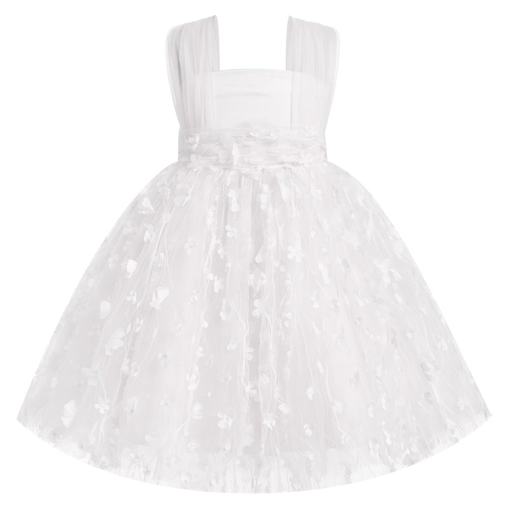 Toddler 3D Flower Tulle Tutu Dress Baby Girls Sleeveless Flower Birthday High Low Christening Formal Pageant Wedding Princess Party Dresses Cake Smash Outfit for Photo Shoot White Flower 2-3 Years
