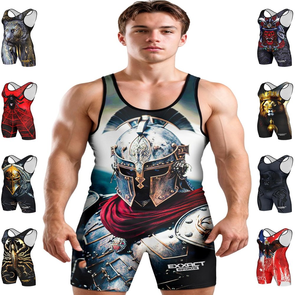 Exxact Sports Sublimated Men's Wrestling Singlet, High-Performance Powerlifting Singlet, Wrestling Singlets for Men (AS, Gladiator)