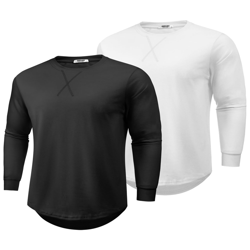 COOFANDY 2 Pack T Shirts for Men Long Sleeve Cotton Hipster Hip Hop Longline Crewneck Tee Shirts for Gym Workout Casual Fall Undershirts