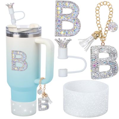 Letter for Stanley Cup Handle,Silicone Boot Accessories for Stanley Cup 40oz 30oz,Crown Straw Cover Topper & Diamond Sticker(B)