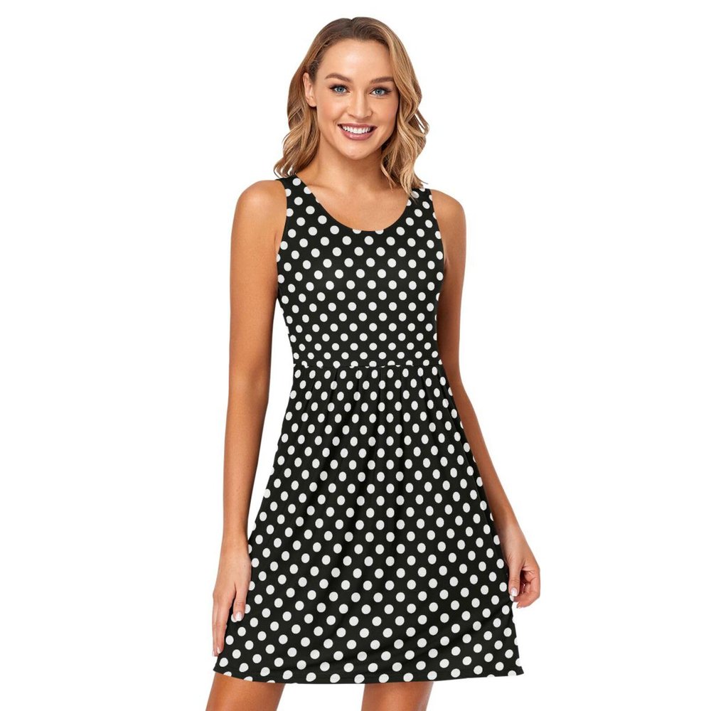 ALAZA Polka Dot Black White Women Summer Dresses Casual Sleeveless Sundress with Pockets Tank Dress L