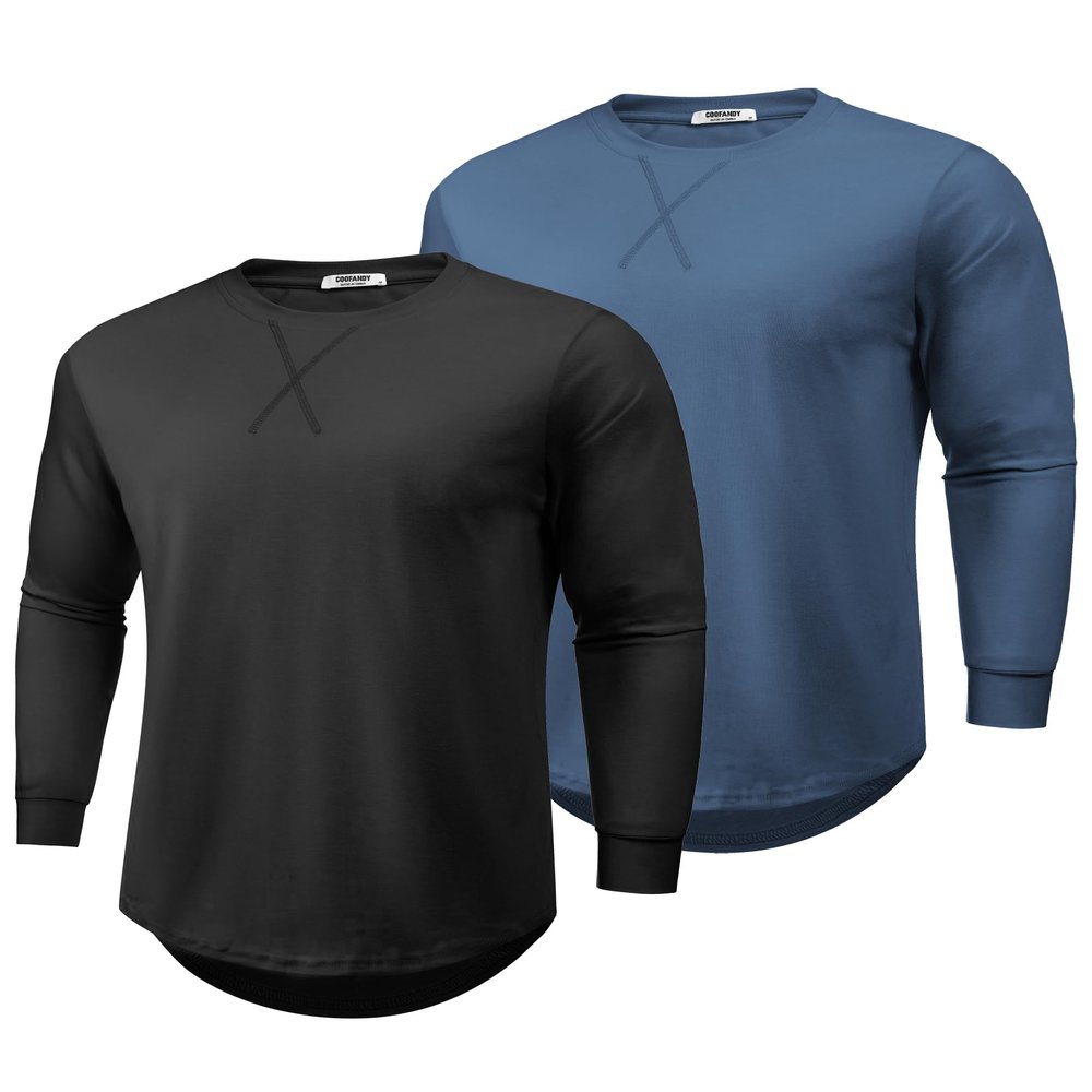 COOFANDY 2 Pack T Shirts for Men Long Sleeve Cotton Hipster Hip Hop Longline Crewneck Tee Shirts for Gym Workout Casual Fall Undershirts