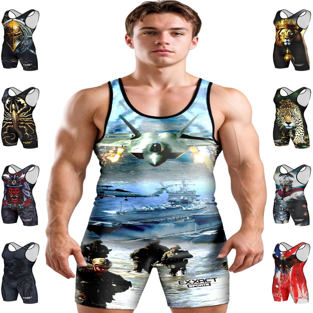 Exxact Sports Sublimated Men's Wrestling Singlet, High-Performance Powerlifting Singlet, Wrestling Singlets for Men (AM, US Army)