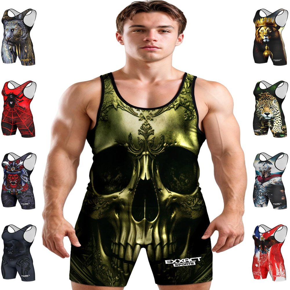 Exxact Sports Sublimated Men's Wrestling Singlet, High-Performance Powerlifting Singlet, Wrestling Singlets for Men (AS, Skull)