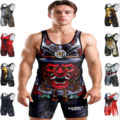 Exxact Sports Sublimated Men's Wrestling Singlet, High-Performance Powerlifting Singlet, Wrestling Singlets for Men (AM, Samurai)