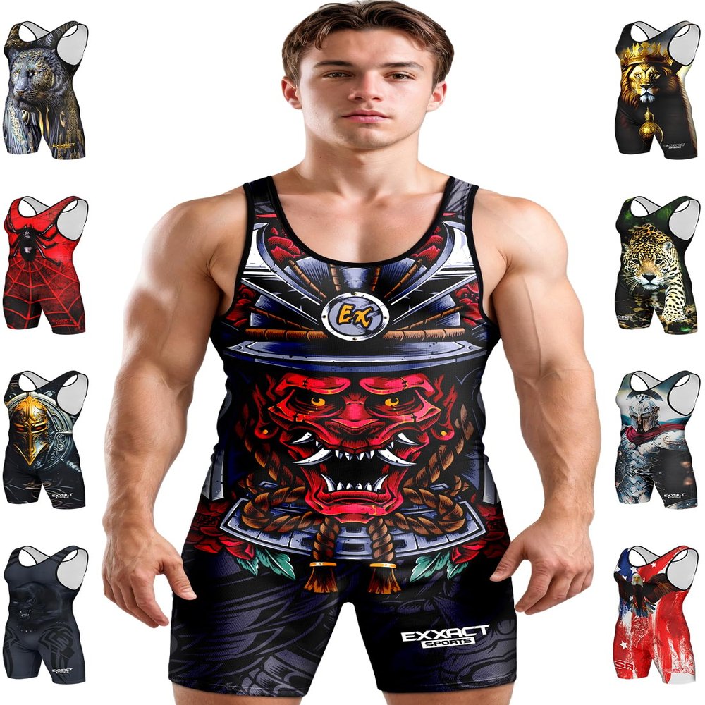 Exxact Sports Sublimated Men's Wrestling Singlet, High-Performance Powerlifting Singlet, Wrestling Singlets for Men (AM, Samurai)