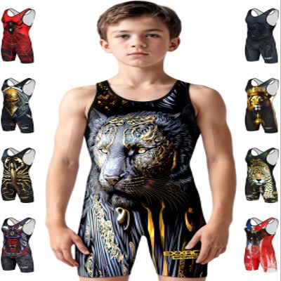 Exxact Sports Sublimated Youth Wrestling Singlet For Boys, Premium Powerlifting Singlet, Kids Wrestling Singlets For Training (YS, Black Lion)