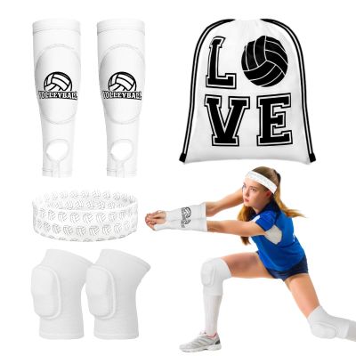 Gosodeny 6 Pcs Volleyball Accessories, Include Volleyball Knee Pads Arm Sleeves Drawstring Bag Softball Headbands Volleyball Protection Equipment Gifts for Women Teens Girls Boys Training
