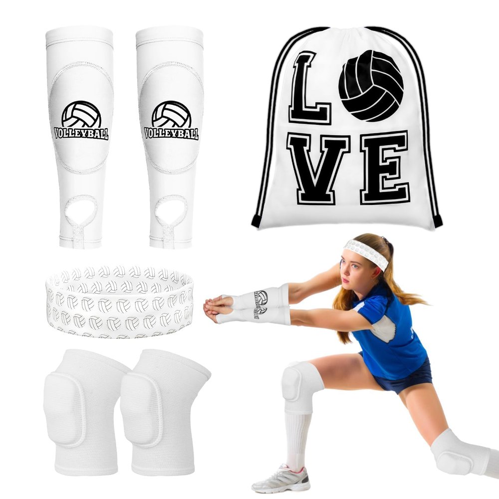 Gosodeny 6 Pcs Volleyball Accessories, Include Volleyball Knee Pads Arm Sleeves Drawstring Bag Softball Headbands Volleyball Protection Equipment Gifts for Women Teens Girls Boys Training