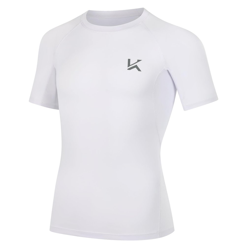Konrunppy Boys Compression Shirts Short Sleeve Youth Kids Football Basketball Undershirt Qucik Dry Athletic Workout T-Shirt (White,Small)