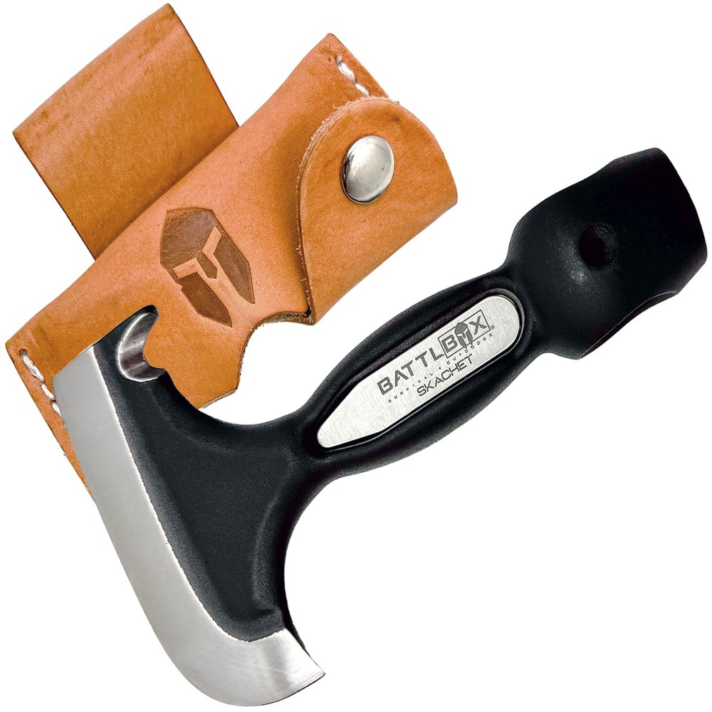 BATTLBOX Skachet Axe Head Skinner Hammer Hatchet Vintage Survival Tool - 3.5in Carbon Steel Blade Edge - Genuine Leather Sheath, Belt Loop - Bushcraft Outdoor Survival Ax Skatchet