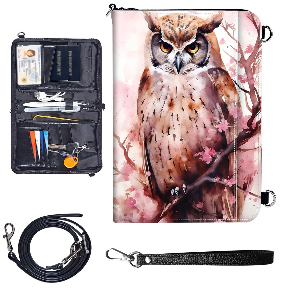 Travel Passport Wallet Passport,Family Passport Holder - Large Travel Passport Wallet Holder for Family Men Women, RFID Blocking,Lightweight Portable with Zipper Pocket,Cherry Owl