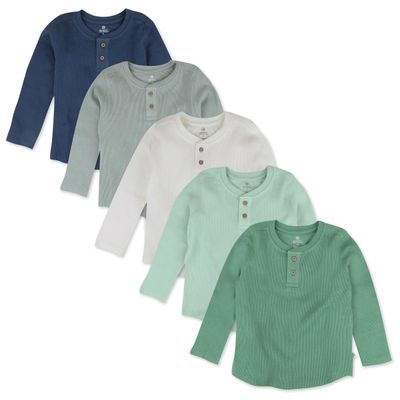HonestBaby 5-Pack Waffle Henley Long Sleeve Shirts 100% Organic Cotton for Infant Baby and Toddler Boys, Unisex, 5-Pack Good Natured, Newborn