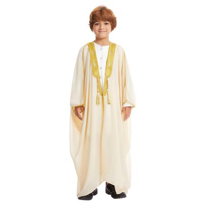 Muslim Boys' Long Sleeves Bishit Embroidered Cardigan Robe (Beige, 120cm)