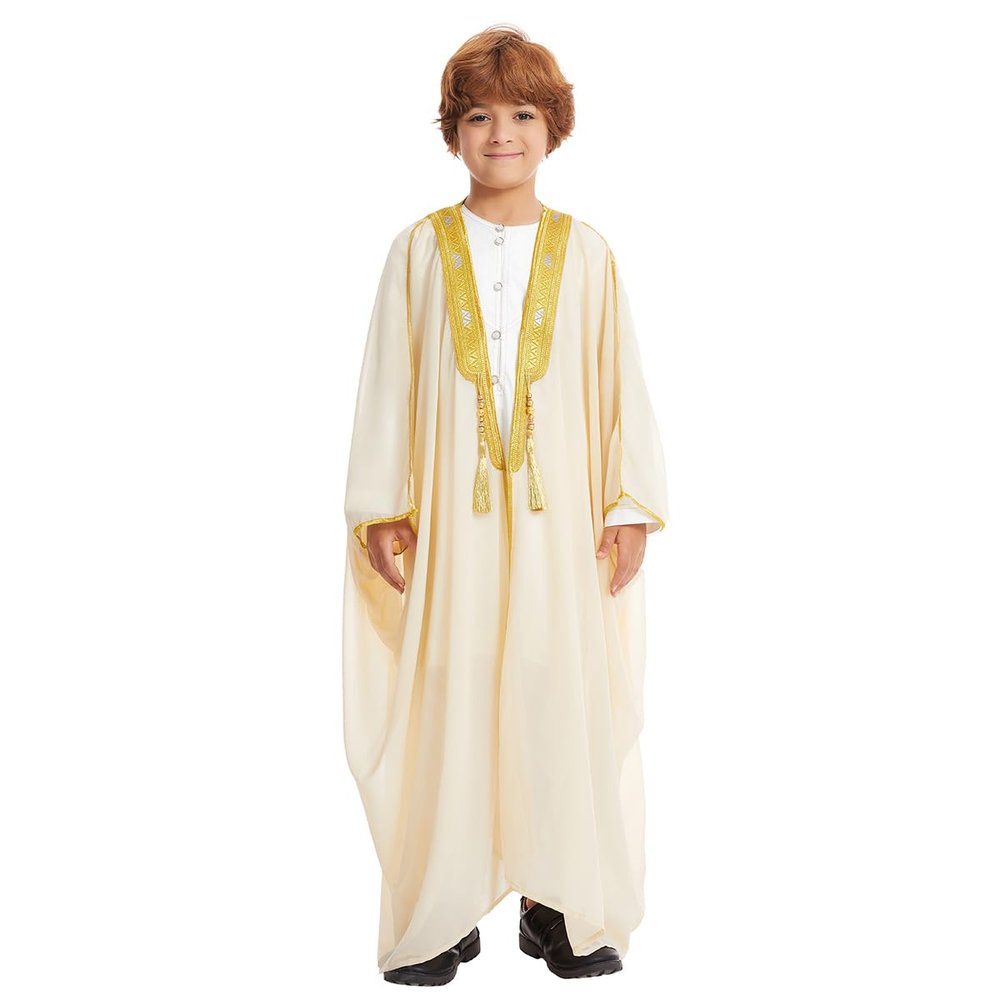 Muslim Boys' Long Sleeves Bishit Embroidered Cardigan Robe (Beige, 120cm)