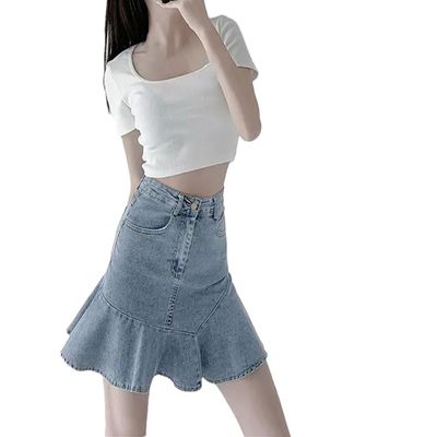 Alloaone Women Denim Retro Washed Summer Daily Mini Solid Skirts